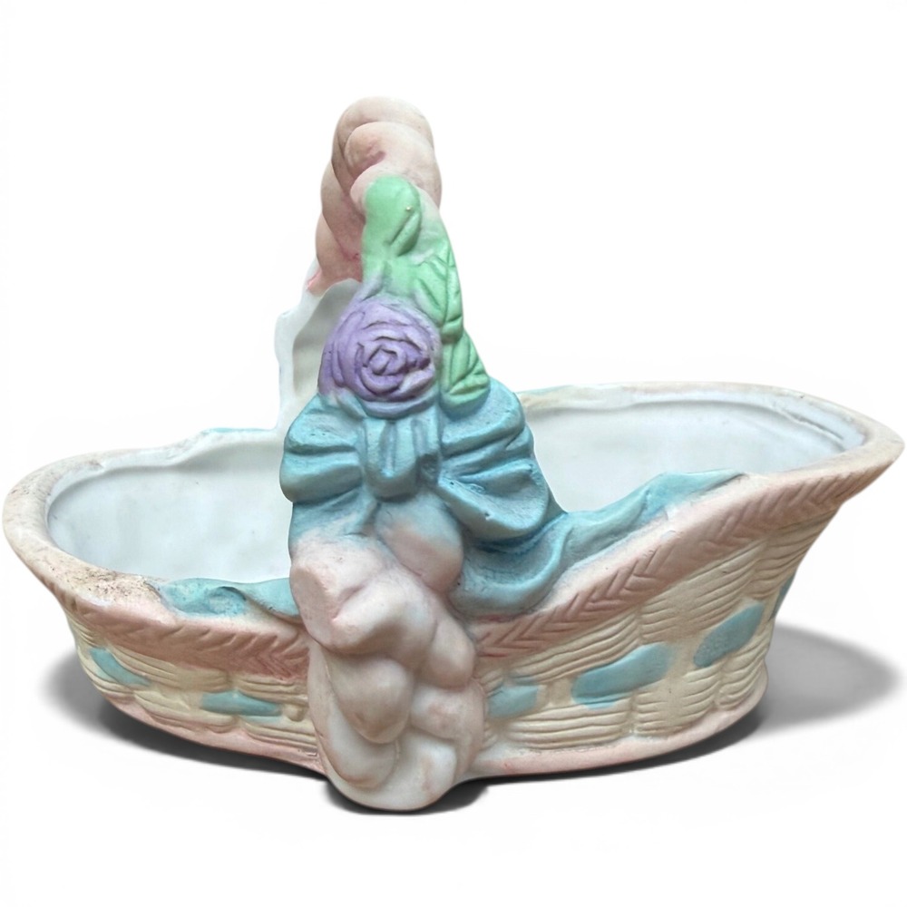 Basket Planter Ceramic Pastel Floral Rose Bow Cottagecore Decor Vintage Trinket